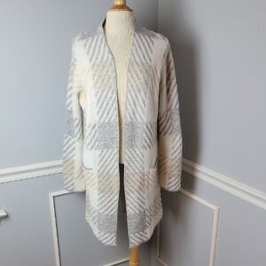 NINE WEST Tan Gray Houndstooth Patch Pocket Casual Boho Open Coatigan Sweater L